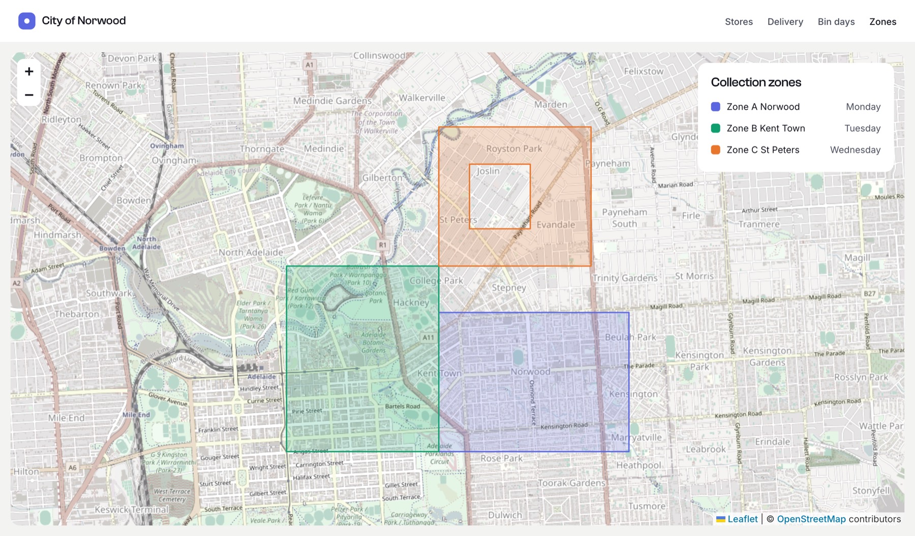 Three collection zones on one map in blue, green and orange, with a legend; Zone C has a hole cut out