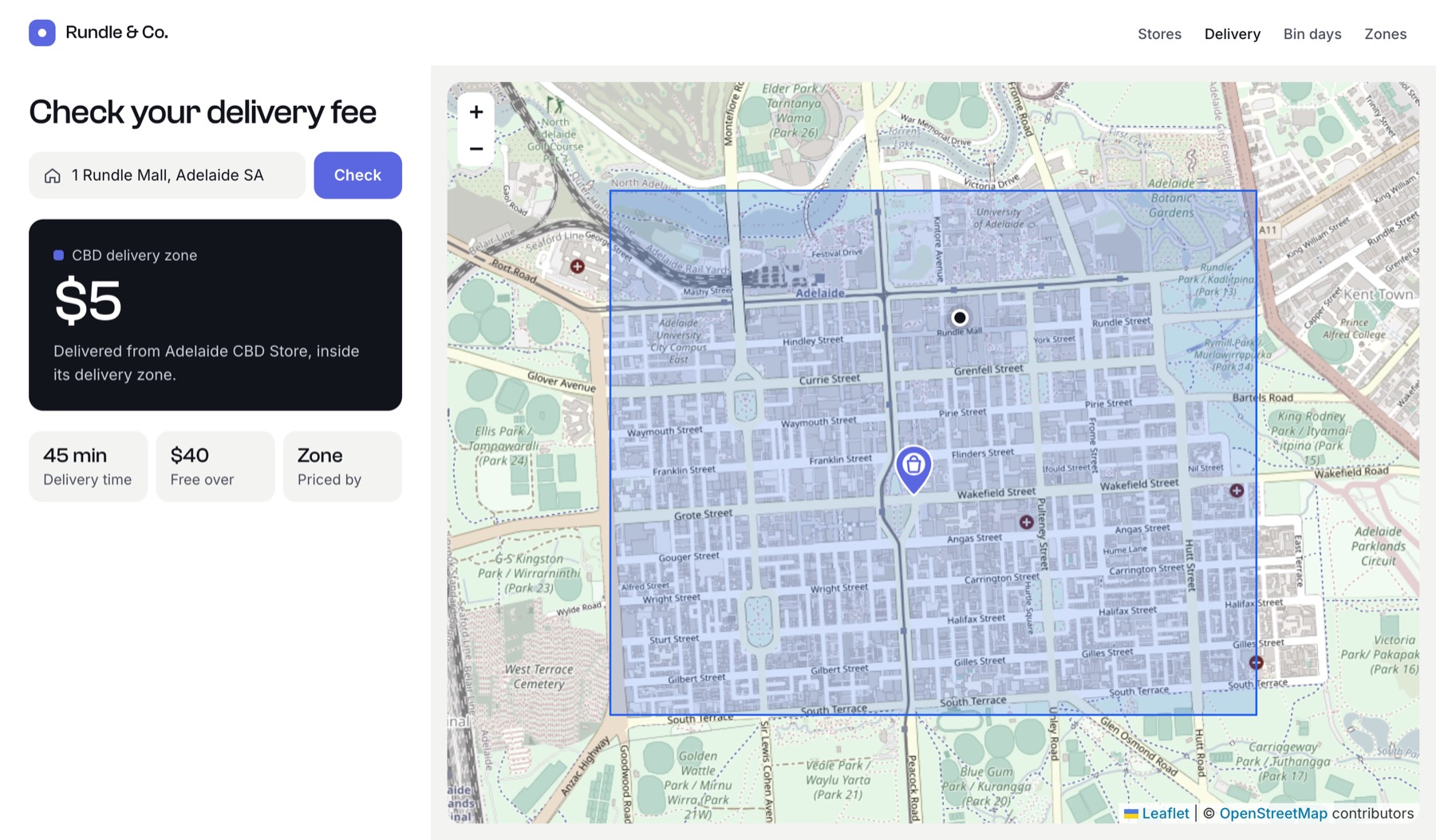A delivery fee checker showing a $5 fee inside the CBD delivery zone, with the zone and store on a map