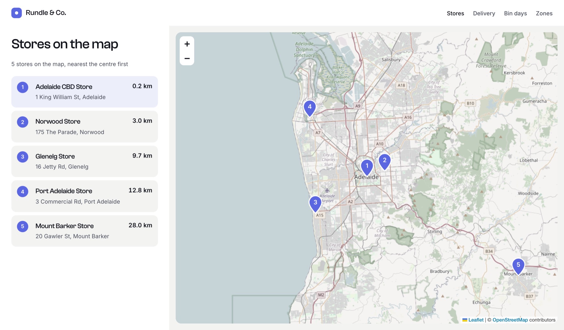 A store finder listing five numbered stores beside a map with matching numbered pins