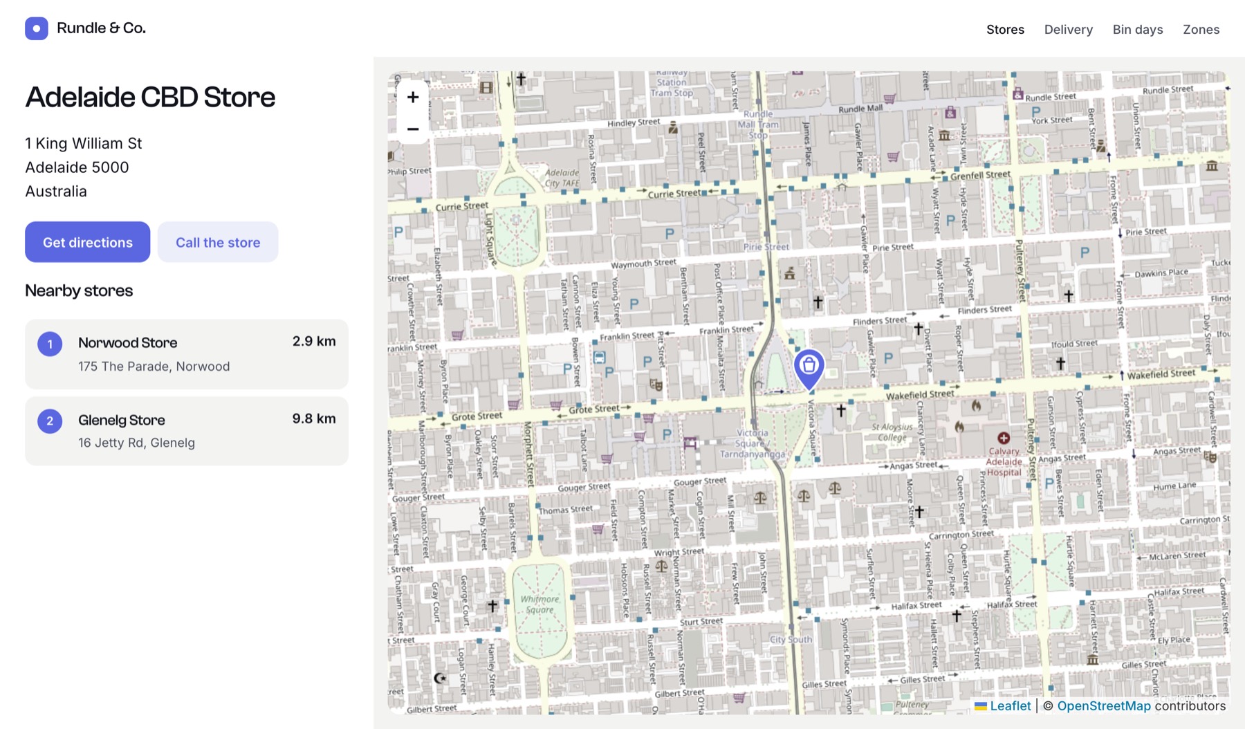 A store page showing its address, a directions link, nearby stores with distances, and a map with a pin