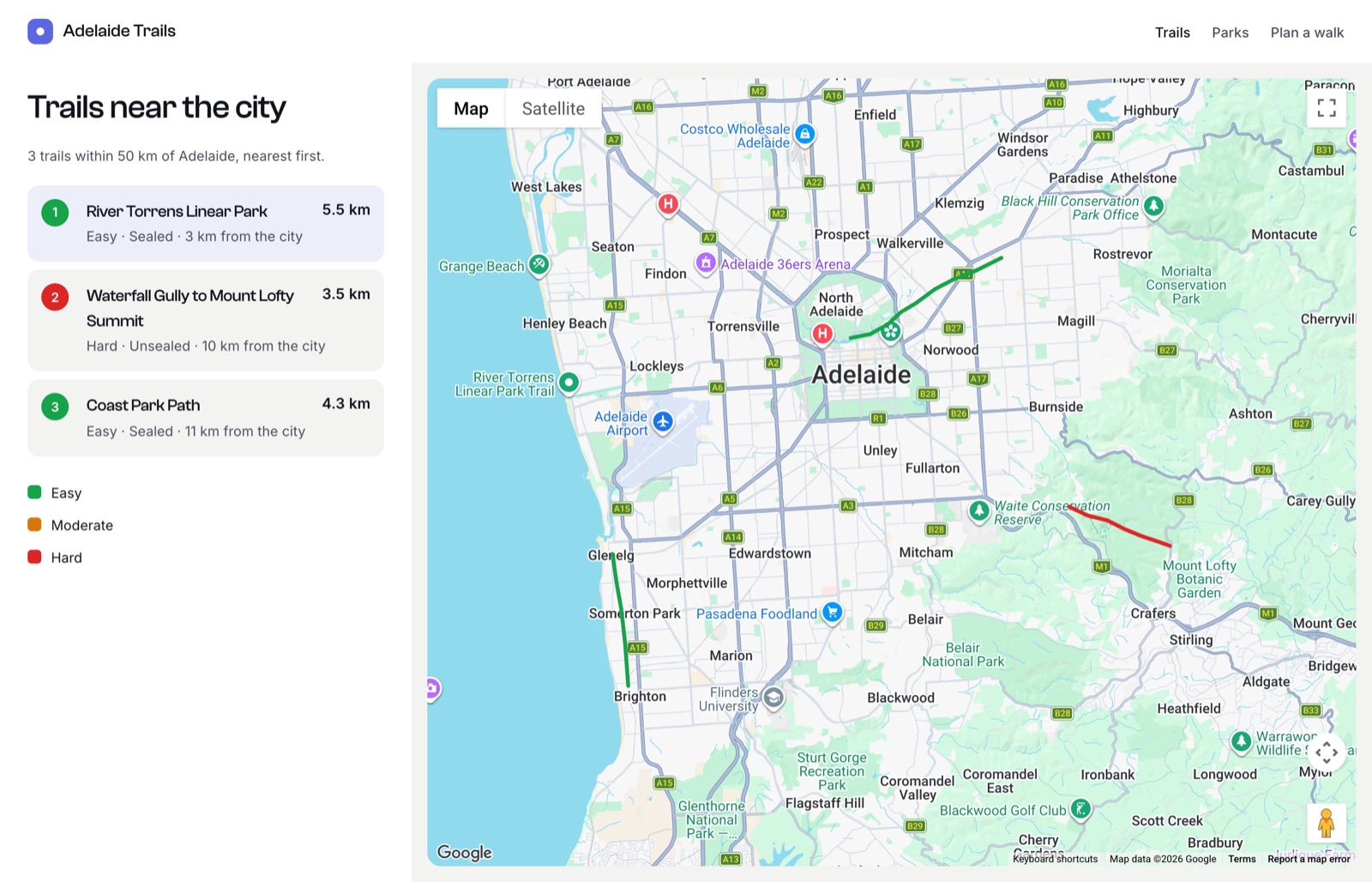 A trails page listing three Adelaide trails nearest first with their lengths and difficulty, beside a map of the routes coloured green for easy and red for hard