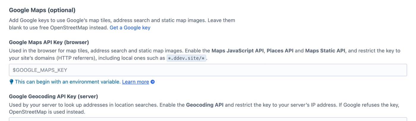Plugin settings: Google Maps keys are optional