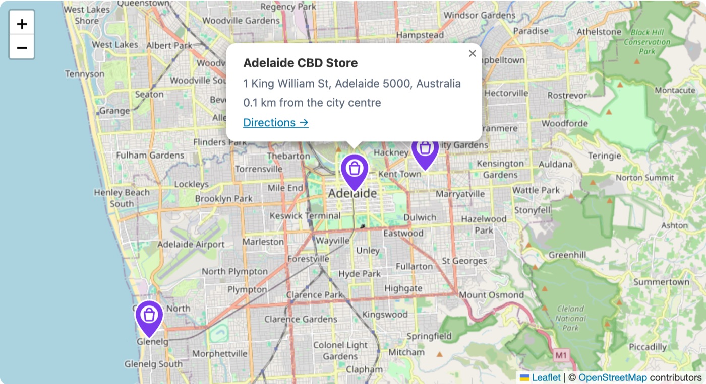 Purple store pins on a map with an info window open