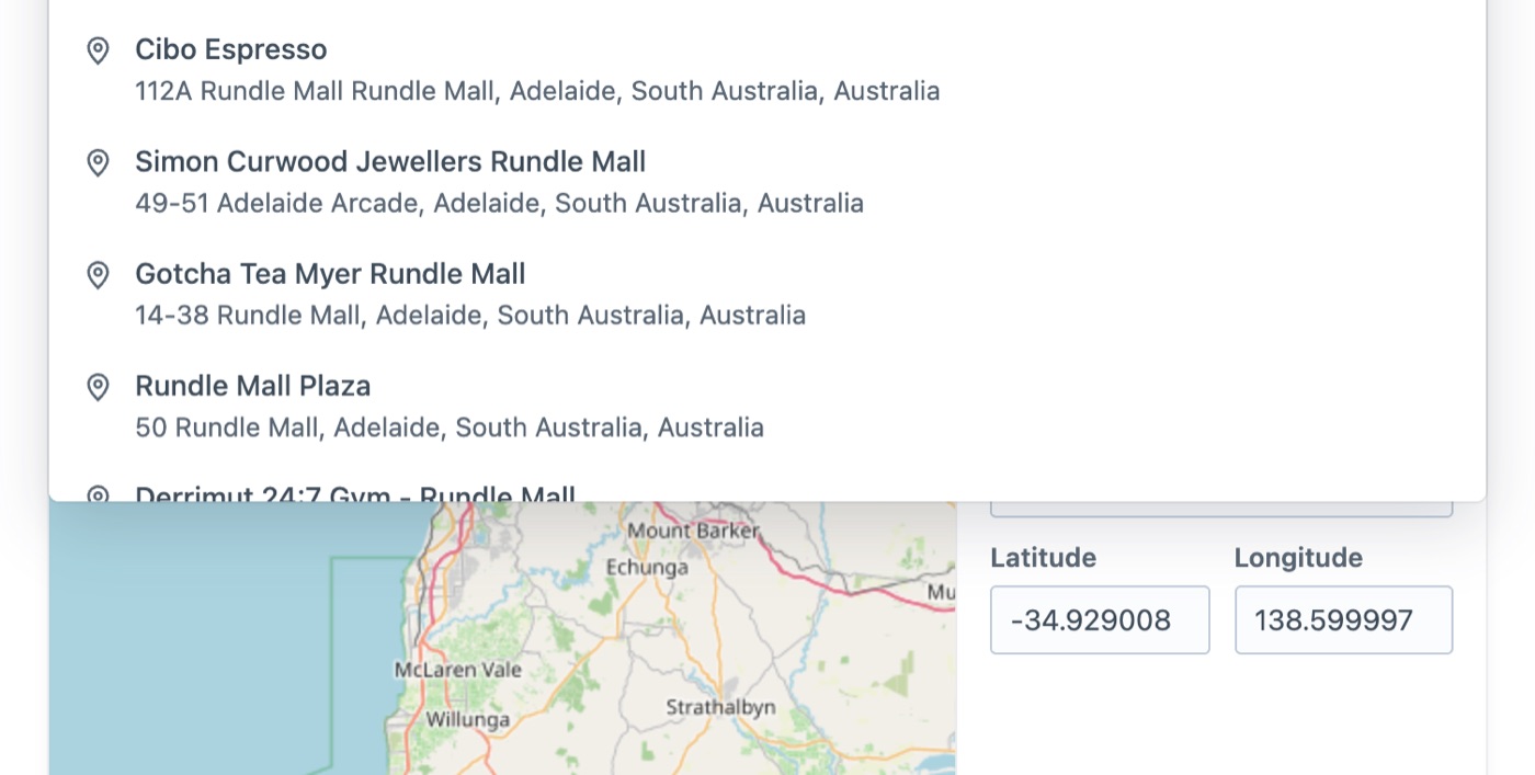 The field's address search listing places on Rundle Mall, Adelaide