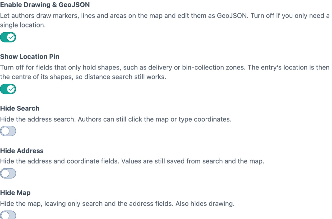 Field settings: Enable Drawing, Show Location Pin, Hide Search, Hide Address and Hide Map switches