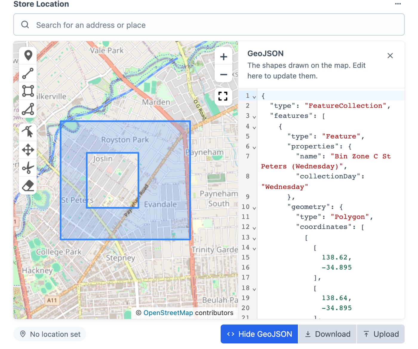 A zone drawn on the map, with its GeoJSON open beside it