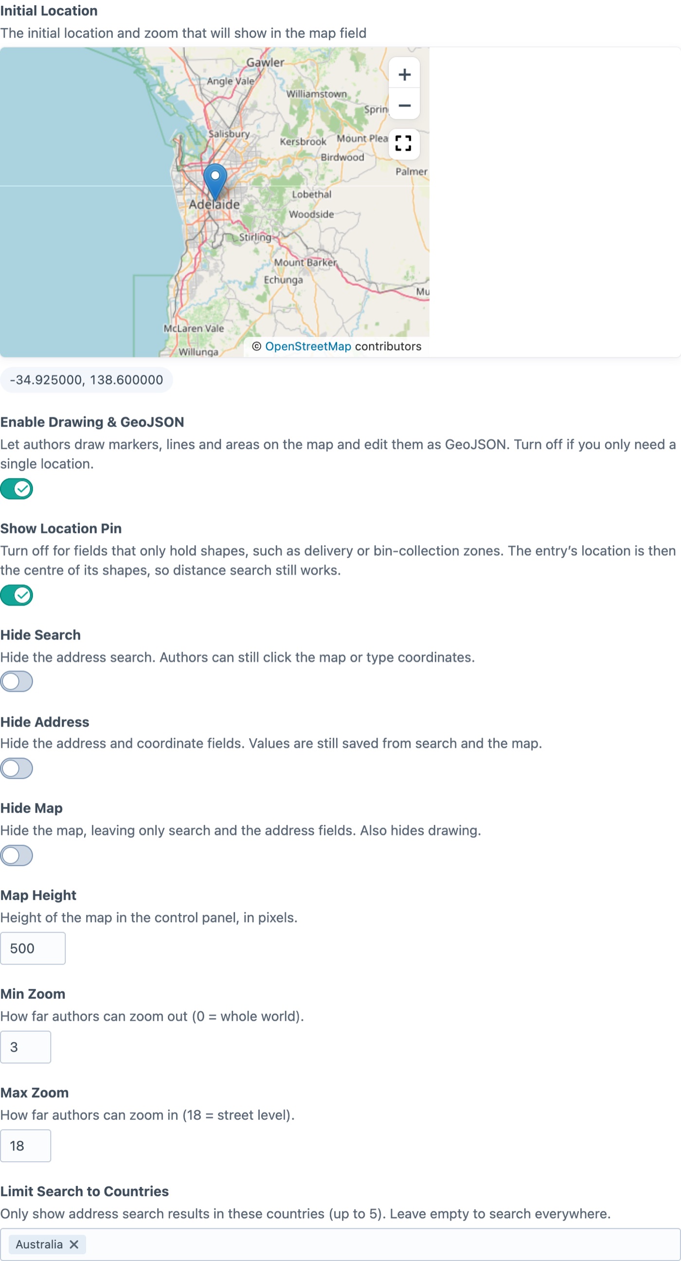 The Geo Maps field settings