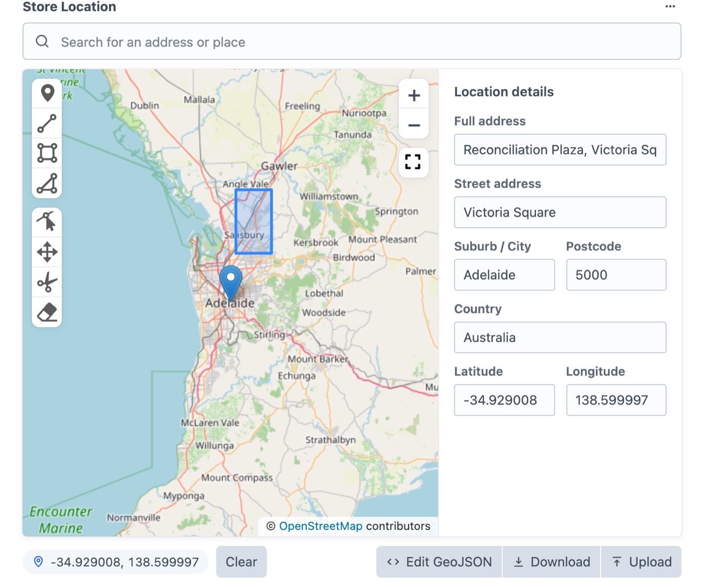The Geo Maps field in the entry editor: address search, a map with drawing tools, and the location details beside it