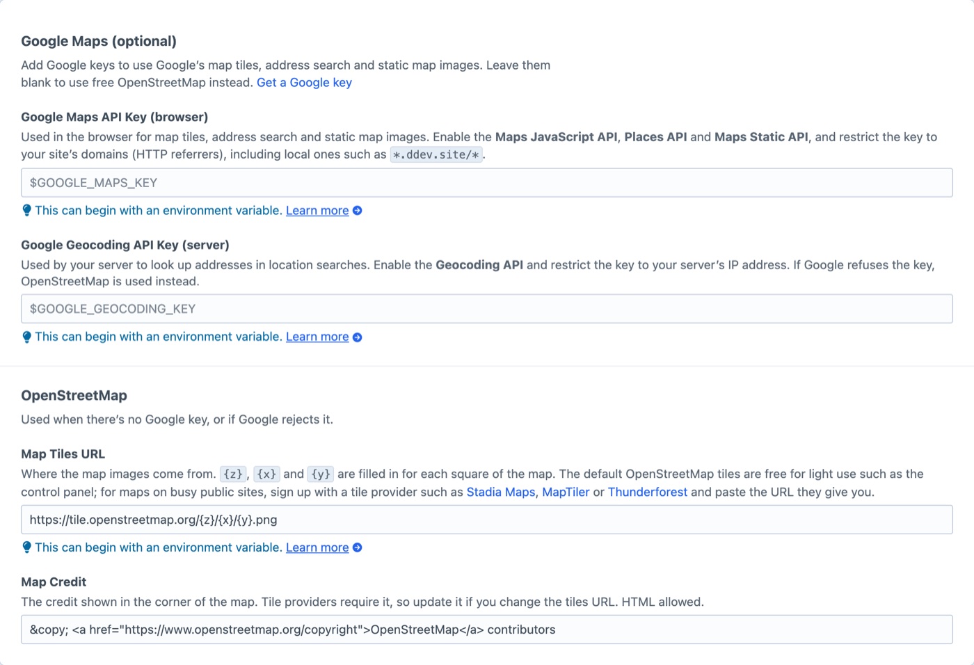 The Geo Maps plugin settings: optional Google keys, and the OpenStreetMap tiles URL and credit