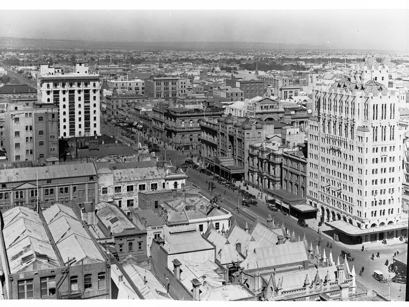 King William Street, Adelaide, seen from above, with trams and early twentieth-century buildings