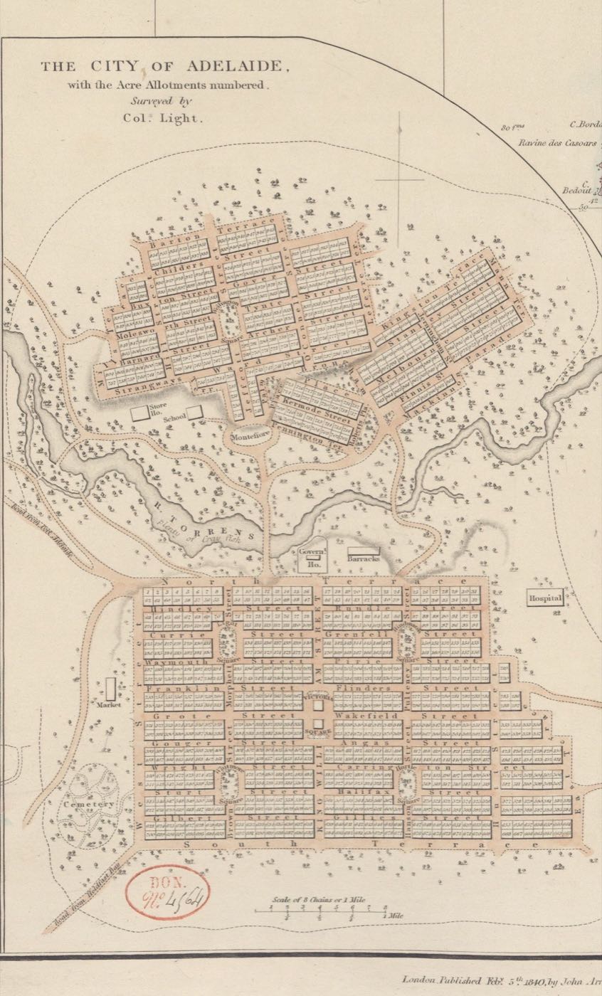 An 1840 engraving of the City of Adelaide street grid, with the acre allotments numbered, surveyed by Colonel Light